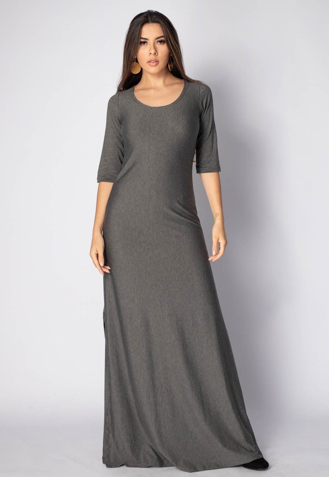 Vista 2 Vestido Longo Amazonia Vital Malha Manga 3/4 Gola Canoa Mescla Amazonia Vital cinza