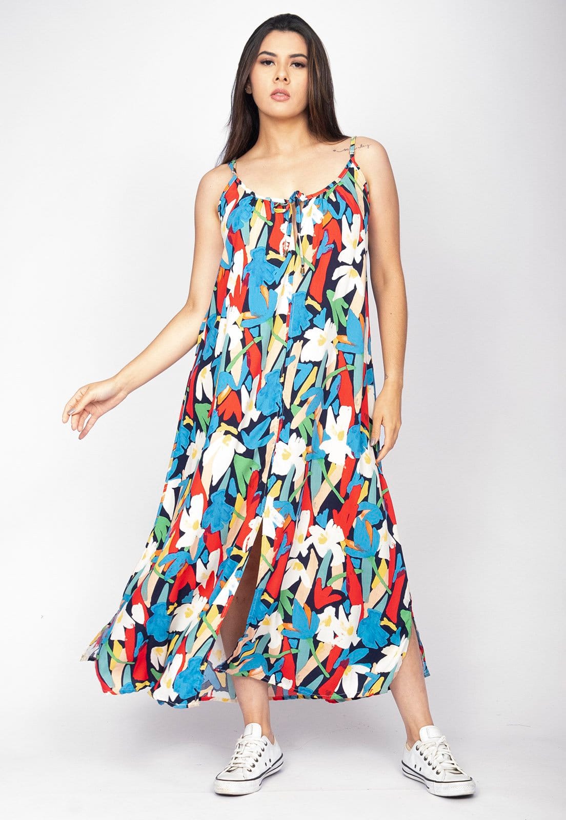 Vista principal Vestido Longo Cabanafree Caçuá Viscose Alça Fina Estampa Floresce Cabanafree estampado/off-white/verde/vermelho