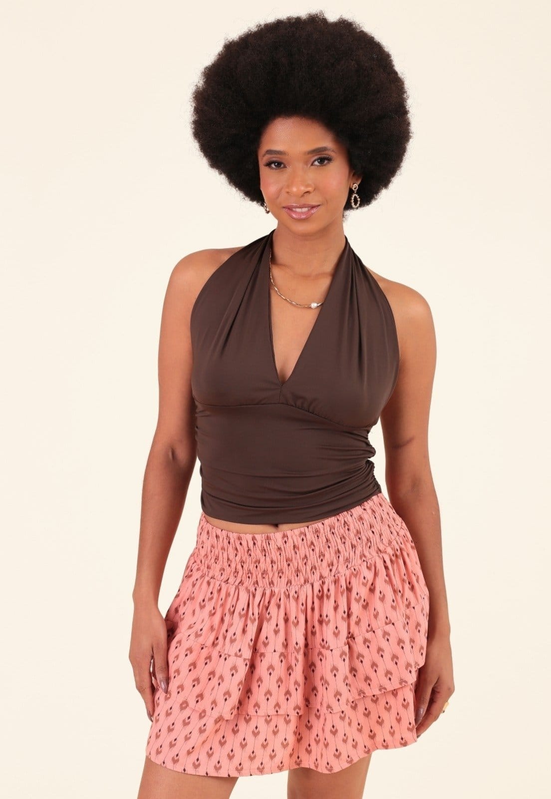 Vista principal Saia Curta Pop Me Em Viscose Estampada Cós Elastex Pop Me rosa