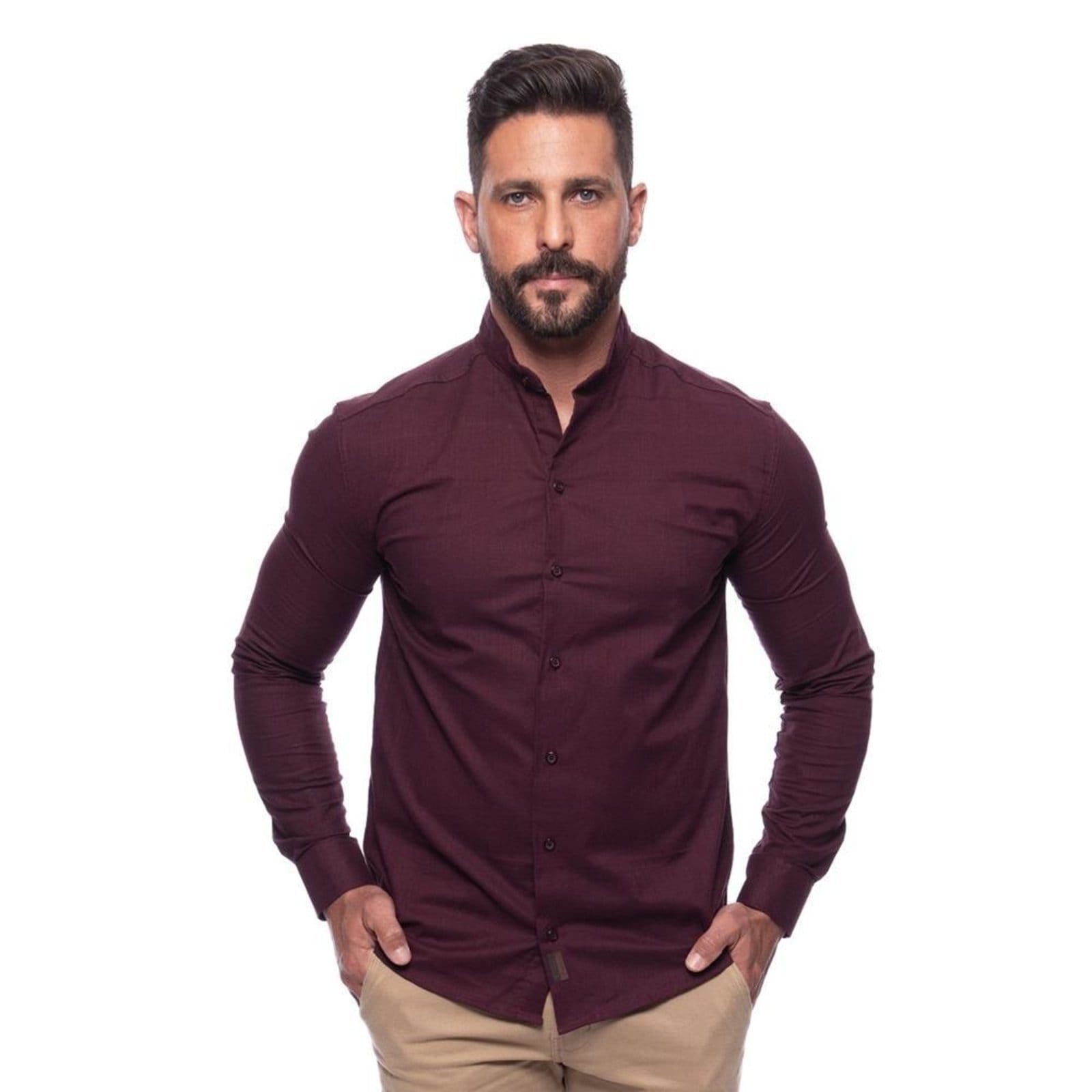 Camisa Masculina Linho Manga Longa Gola Padre Lisa Casual Azul Claro Vinho