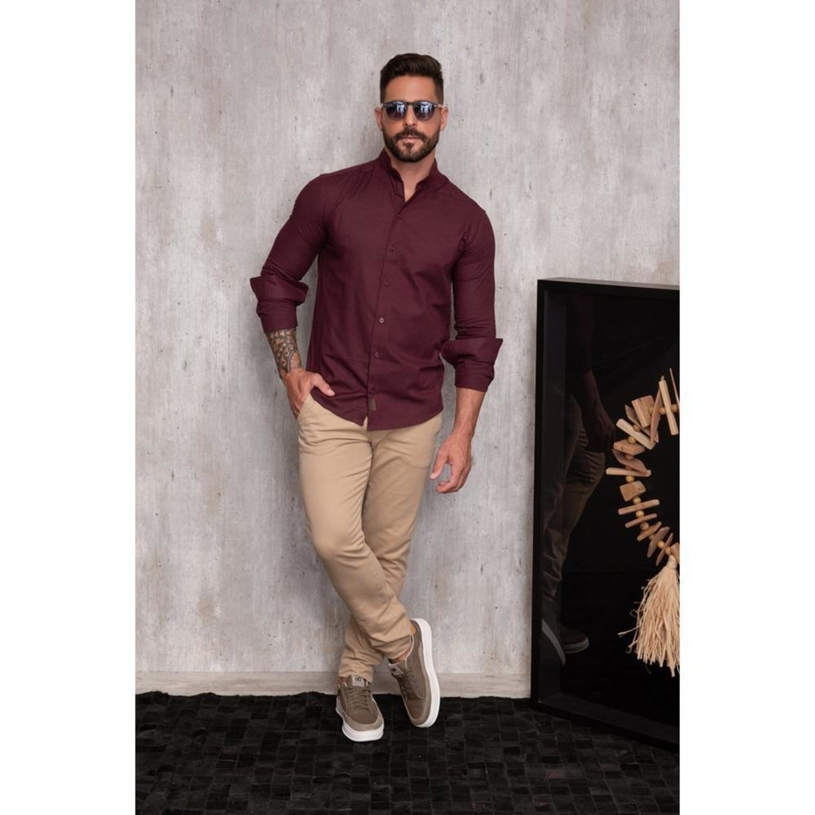 Camisa Masculina Linho Manga Longa Gola Padre Lisa Casual Azul Claro G Vinho - 2