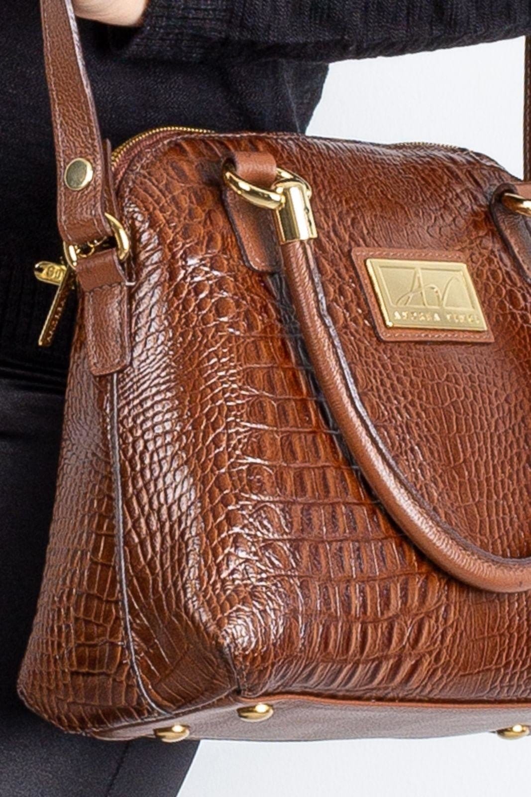 Vista 2 Bolsa baú de couro croco Donna Andrea Vinci marrom