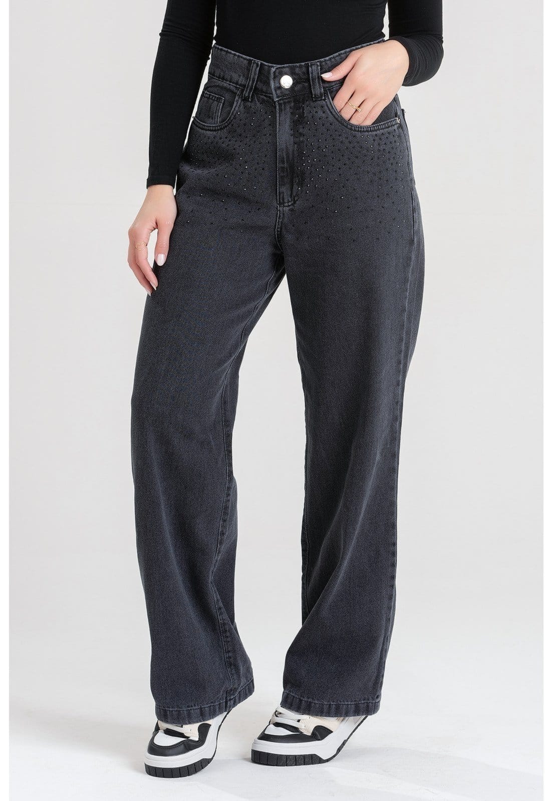 Vista 2 Calça Jeans Wide Leg Yulia Stone Meu Jeans preto