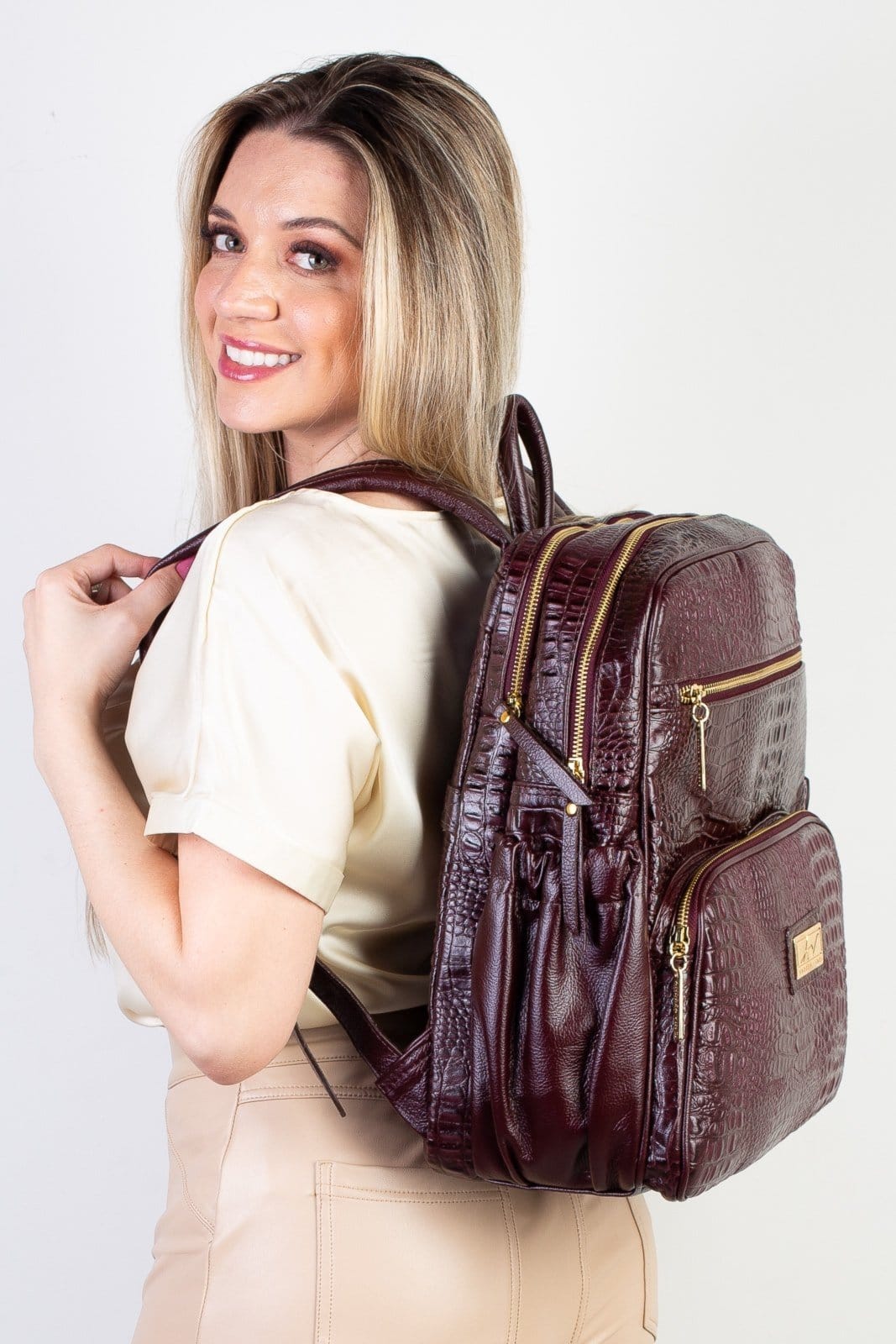 Vista 2 Mochila grande de couro croco Zooey - Marsala Andrea Vinci bege
