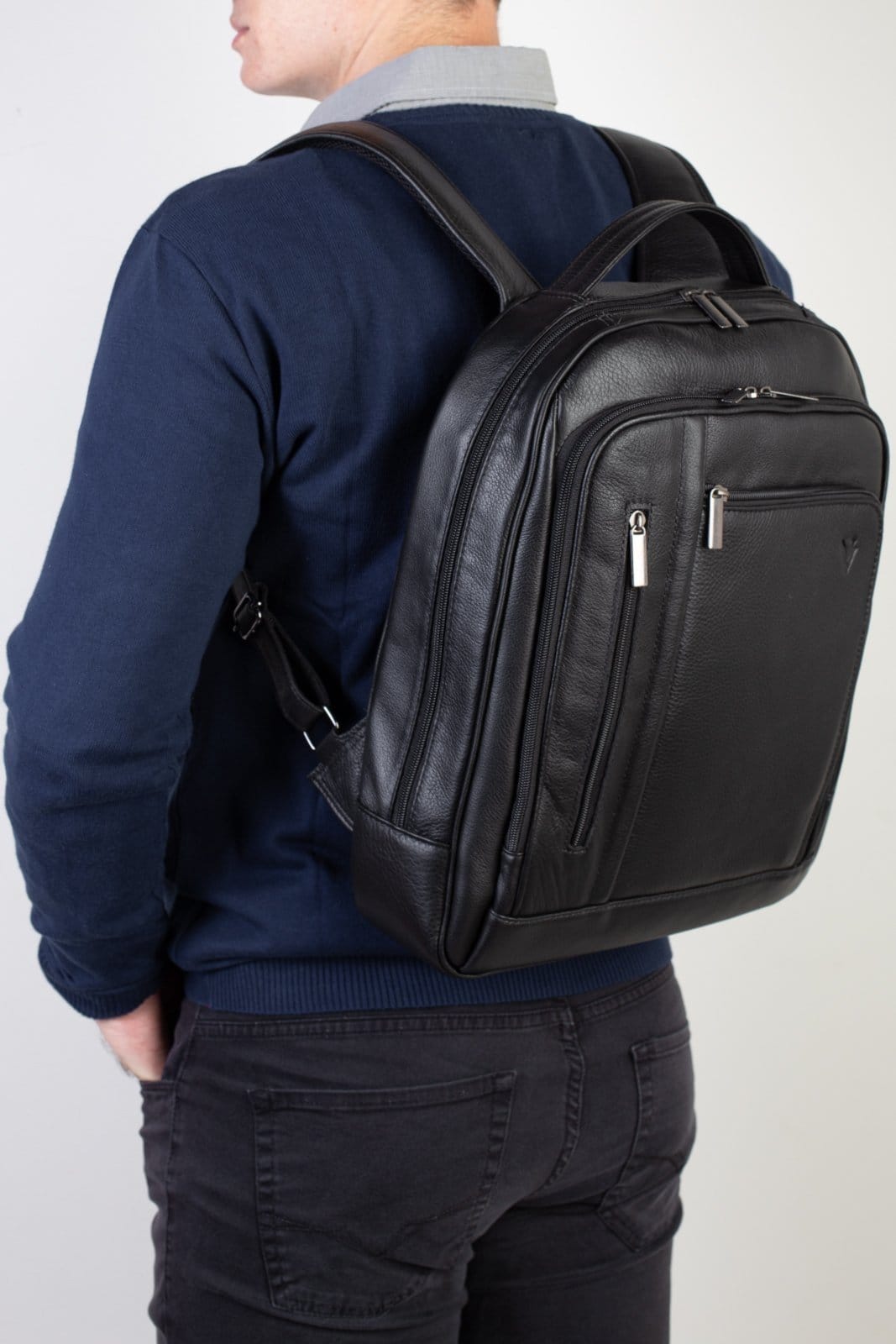 Vista 2 Mochila Vira Vento De Couro Executiva Connect - Preta Vira Vento azul