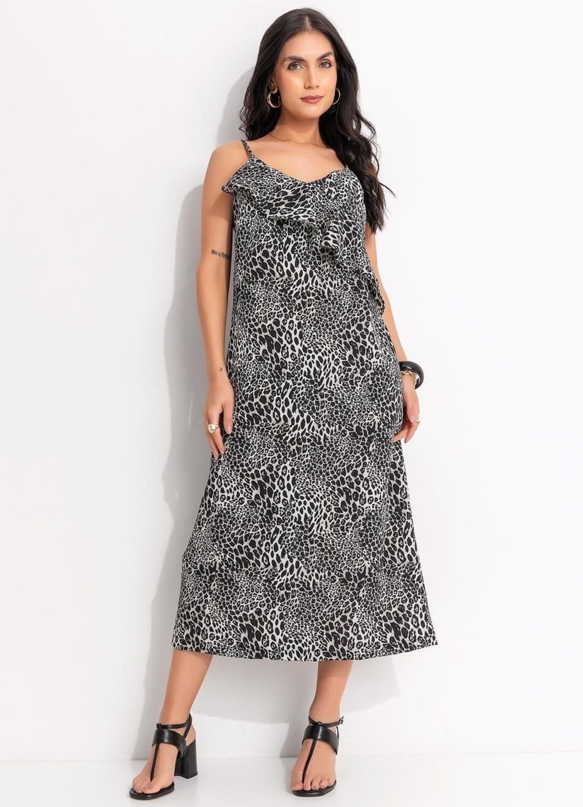 Vestido Em Crepe Plano Quintess Onça Preta