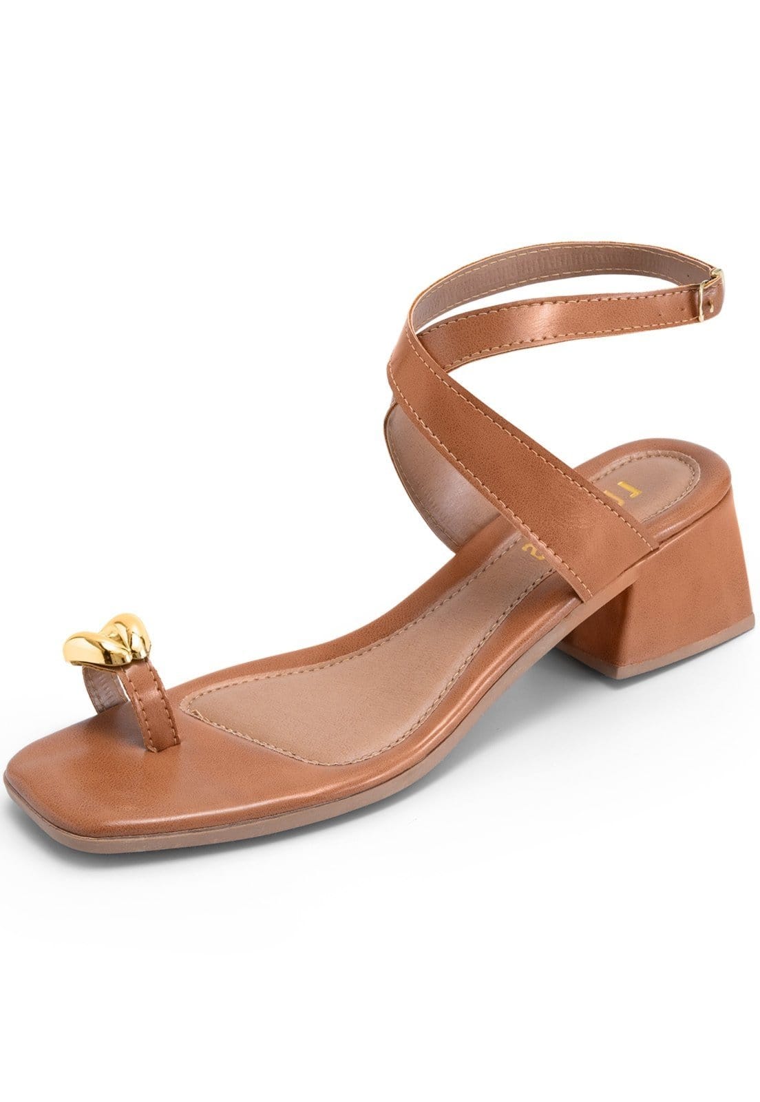 Vista principal Sandália Feminina Lumiss Salto Baixo Bloco Bico Quadrado Enfeite Metalizado Confortável Cappuccino LUMISS caramelo