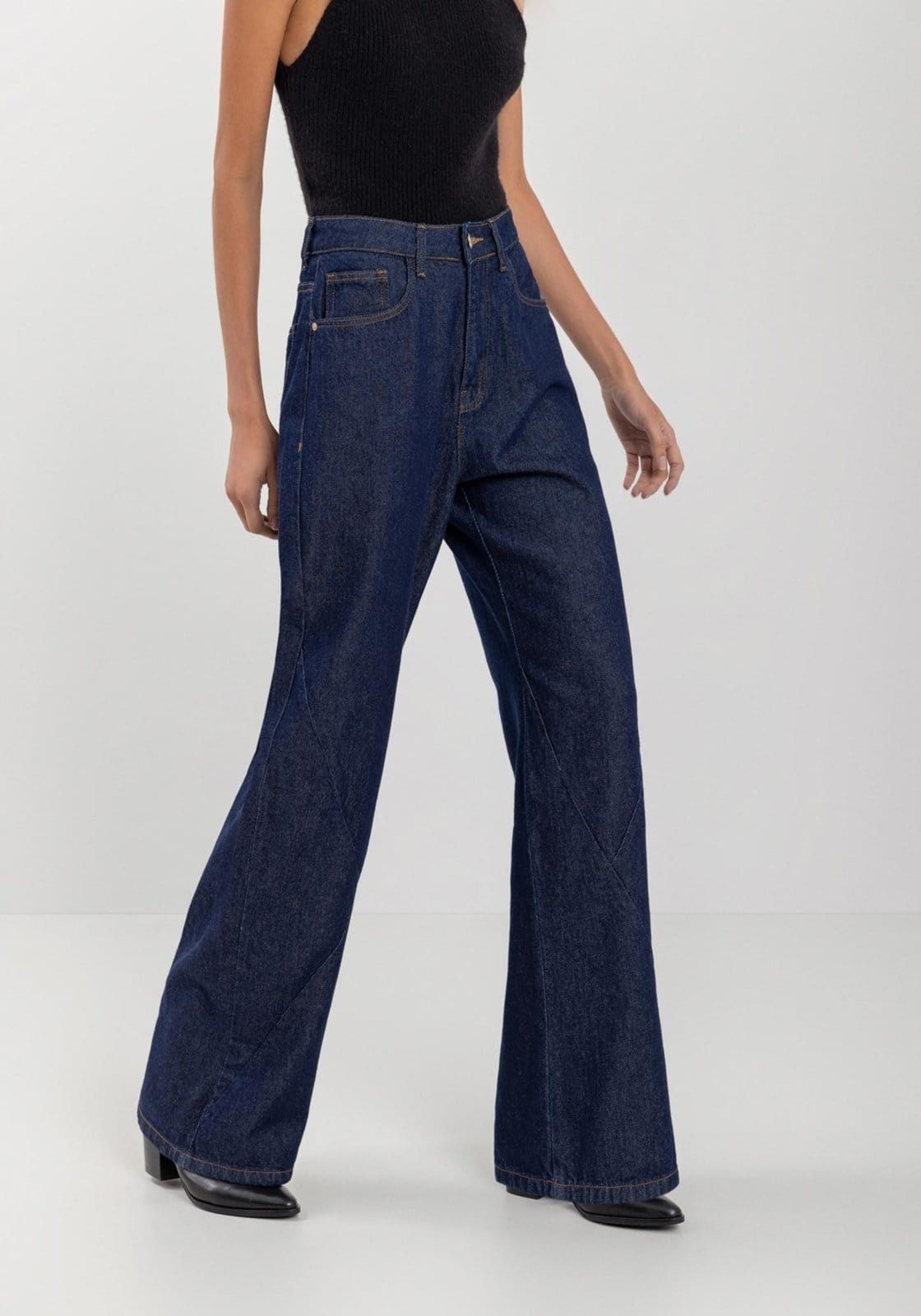 Vista 2 Calça Jeans Wide Leg Com Cós Alto E Costuras Diferenciadas Lez a Lez azul