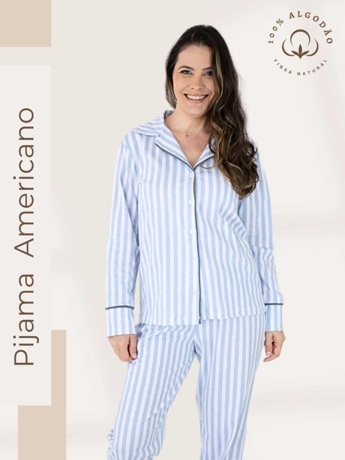 Vista principal Pijama Algodão Americano Longo Piante Amanda Listrado Piante azul