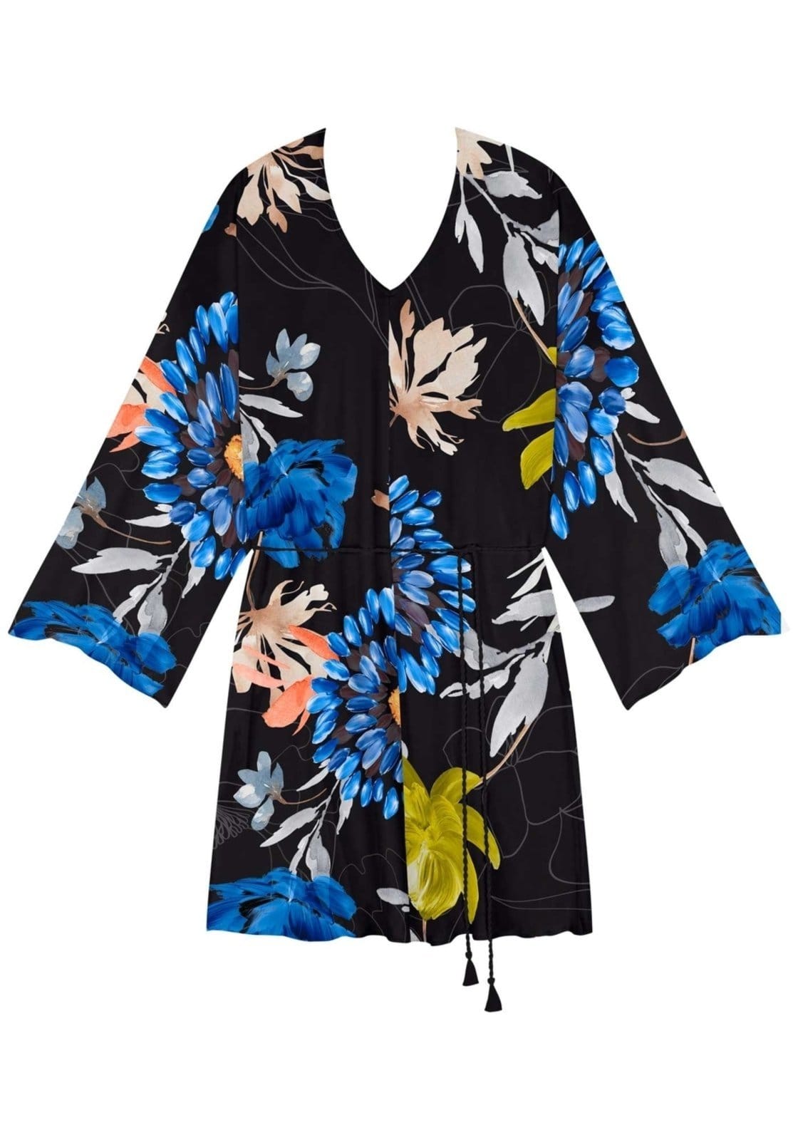 Vista 2 Vestido Curto Estampado Manga longa Com Decote Em V Lez a Lez preto