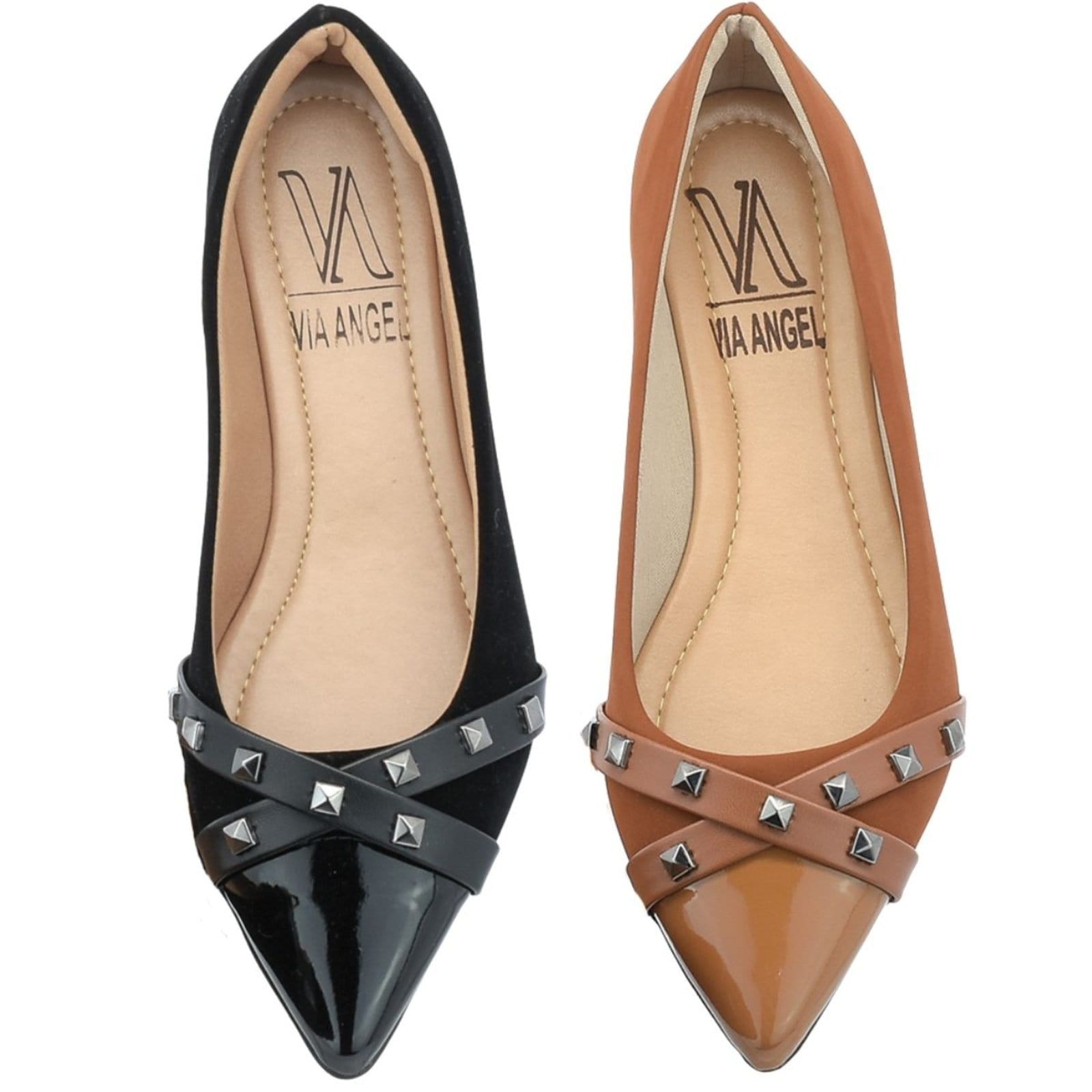 Vista principal Kit 2 Pares Sapatilha Feminina Bico Fino Rasteira Verniz com Brilho Flat Confortável Via Angel 1604. e VIA ANGEL caramelo/preto