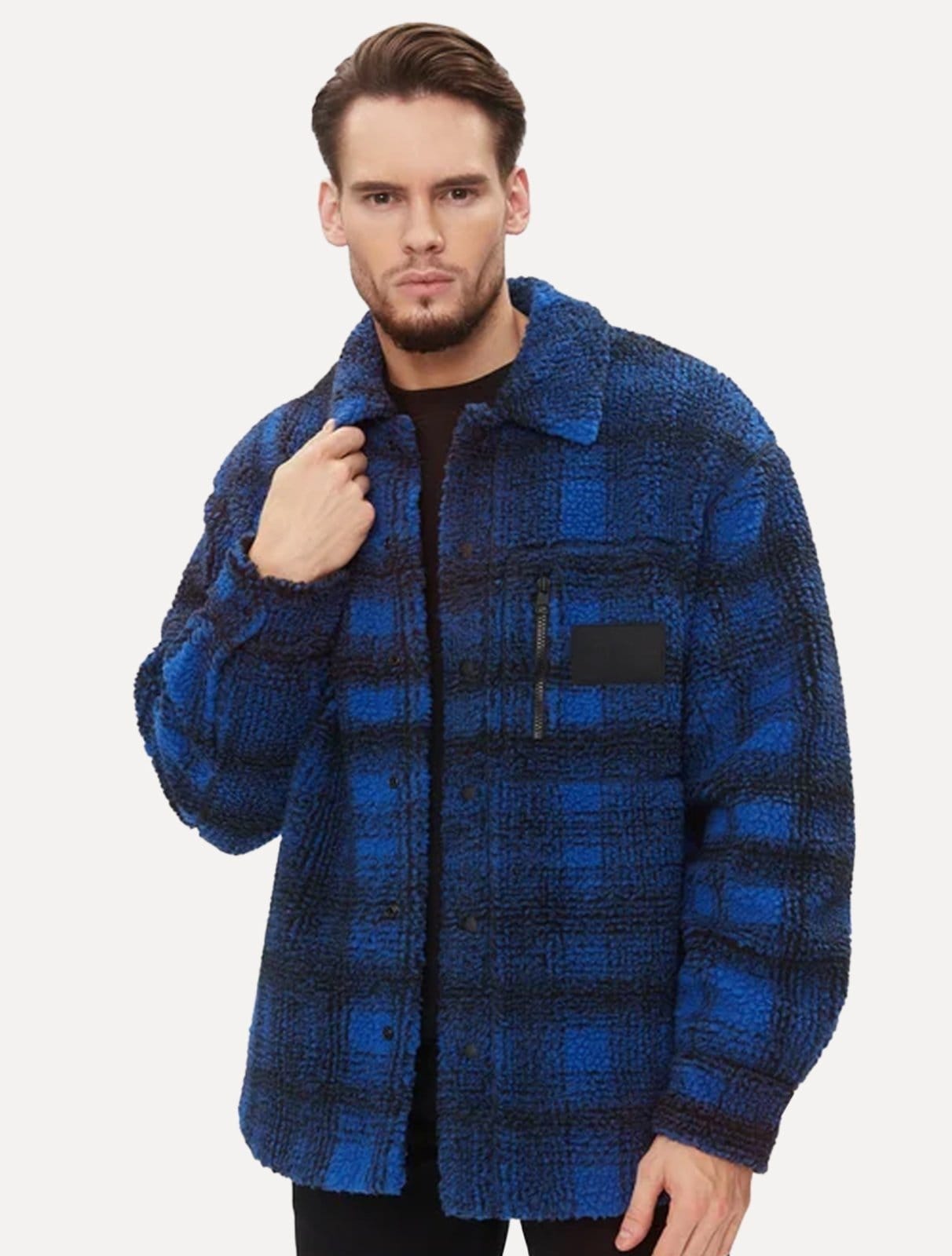 Vista principal Jaqueta Calvin Klein Jeans Sherpa Overshirt Xadrez Escuro Calvin Klein azul