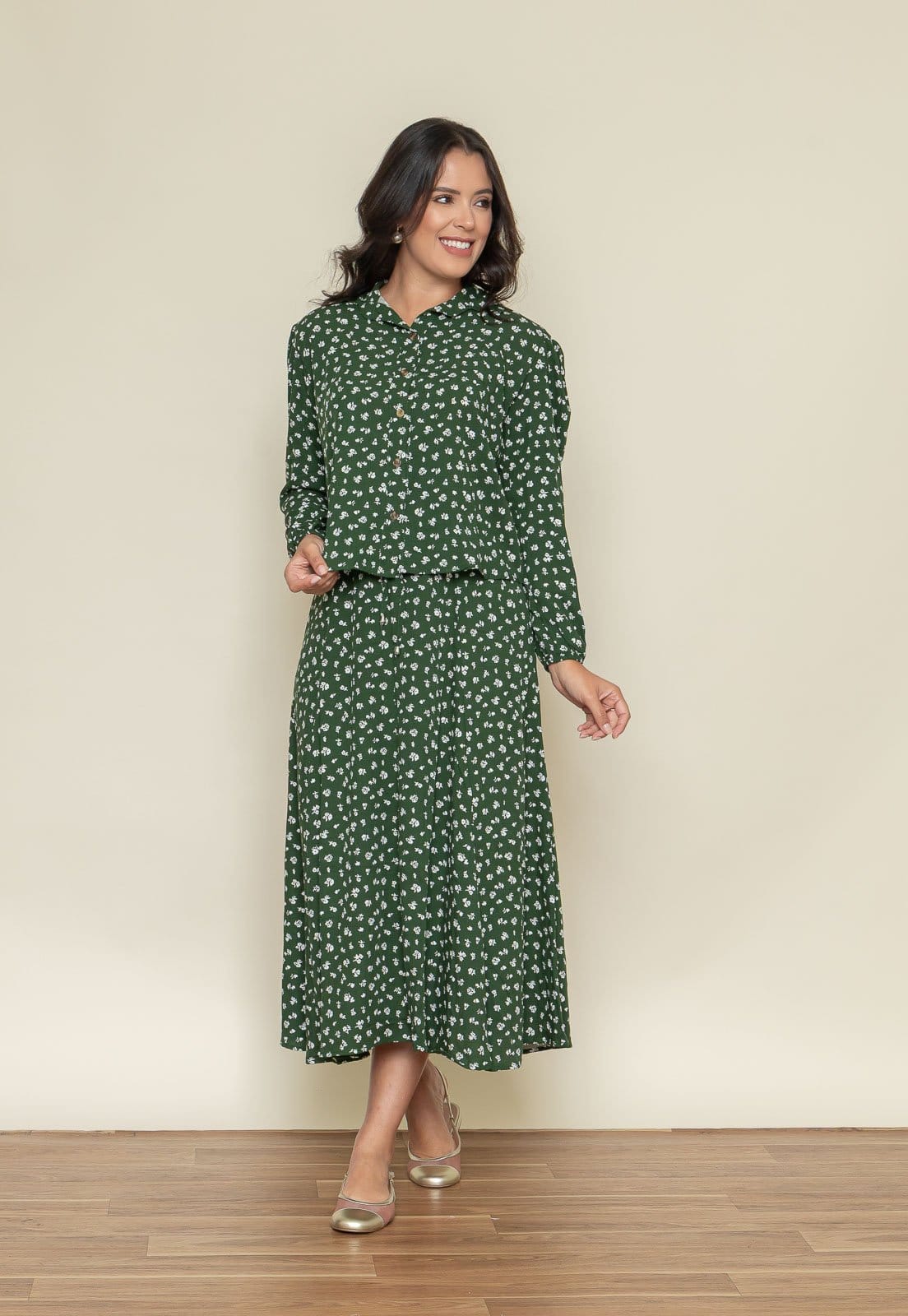 Vista 2 Camisa Aura Dani Manga Longa Viscolinho Floral Aura verde