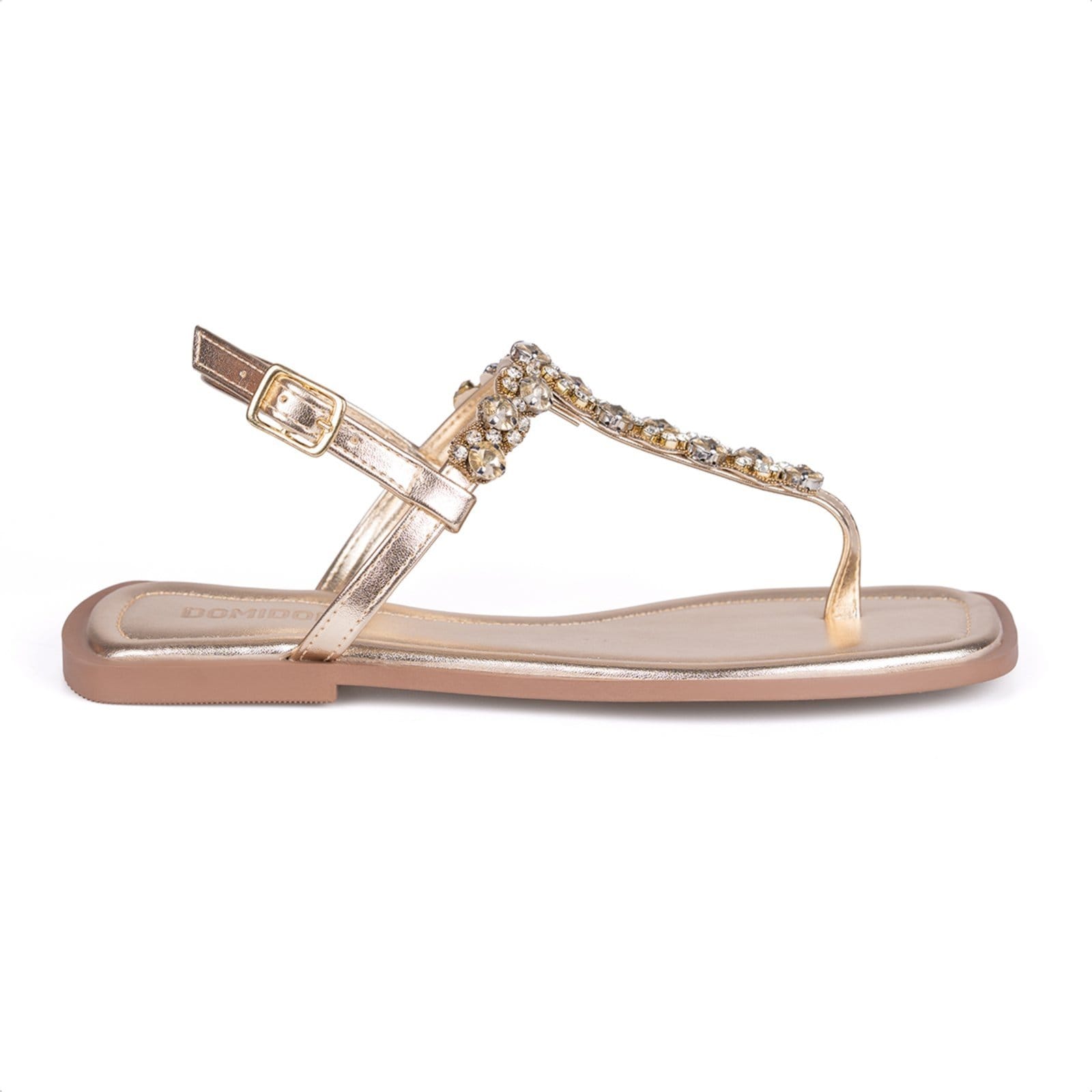 Vista 2 Rasteirinha Slingback Dourada Flat Pedrarias Brilho Bico Quadrado Domidona dourado