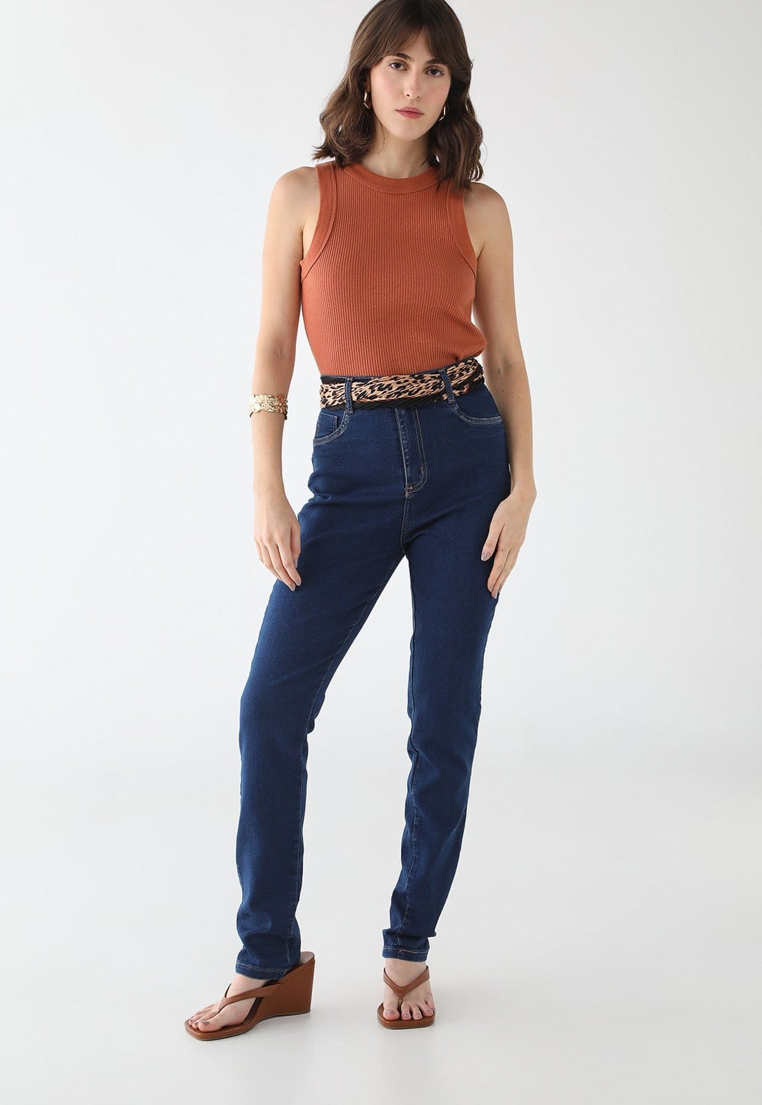 Vista 2 Calça Jeans Feminina Sawary Cintura Alta Escura Sawary azul