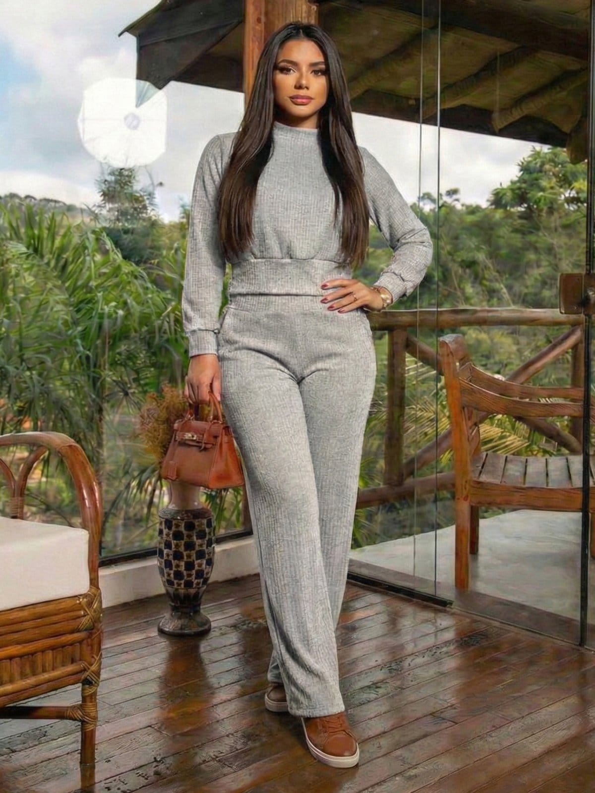 Vista principal Conjunto Feminino Blusa Manga Longa de Frio Calça Reta Cintura Alta Moletinho Canelado FS CONCEPT cinza