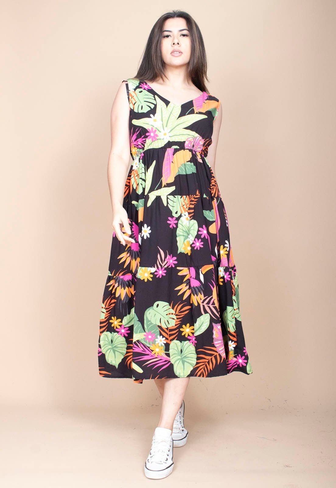 Vista 2 Vestido Cabanafree Regata Longo Peri Viscose Camadas Estampa Noite Botânica Cabanafree estampado/laranja/rosa/verde