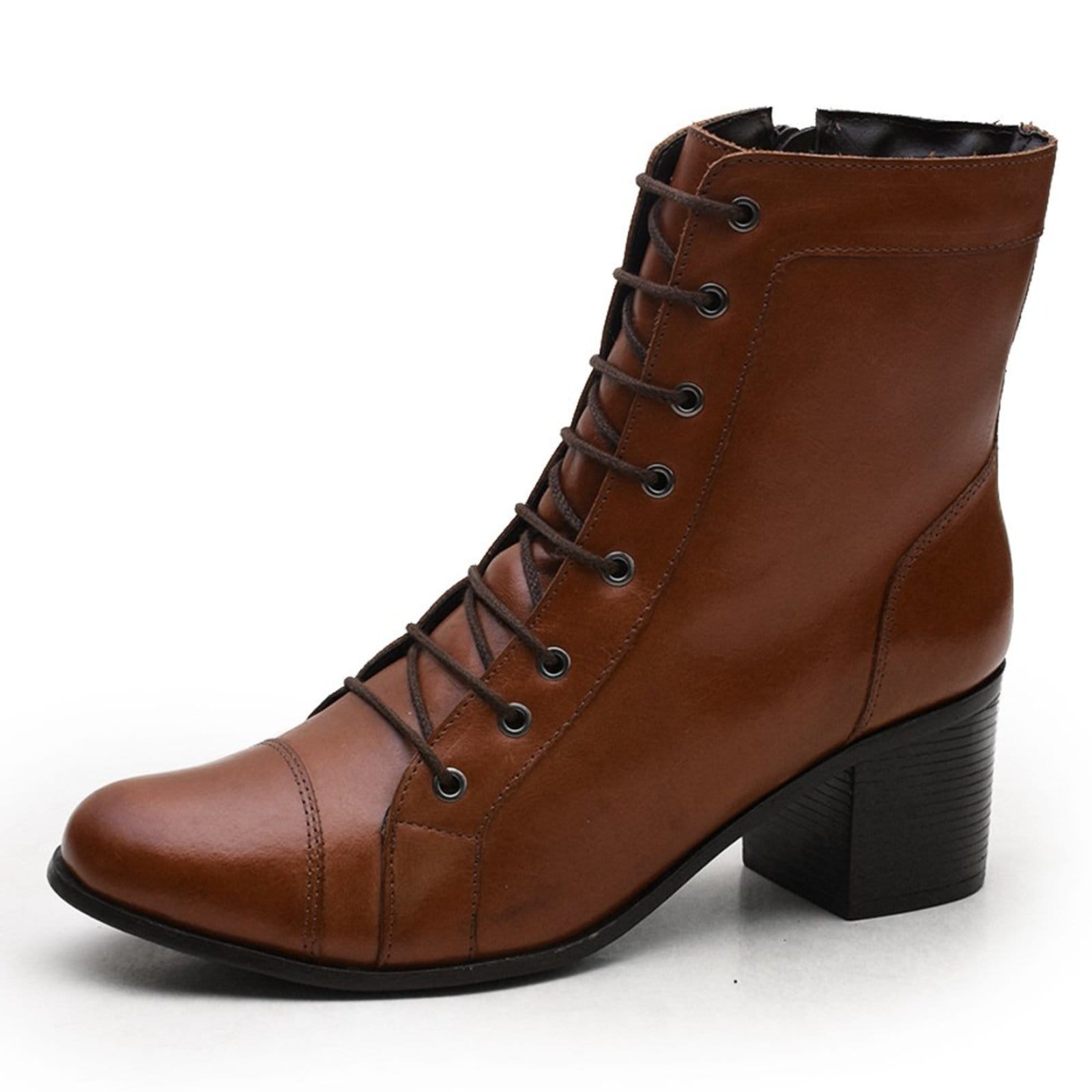 Vista principal Bota Feminina Em Couro Rangali Com Zíper e Amarração Madus caramelo