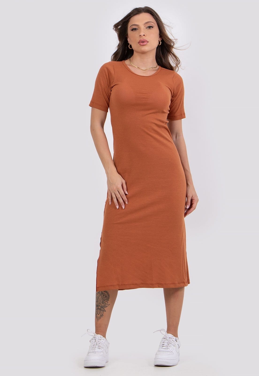 Vestido Midi Rioutlet Ribana Canelado Manga Curta Terracota