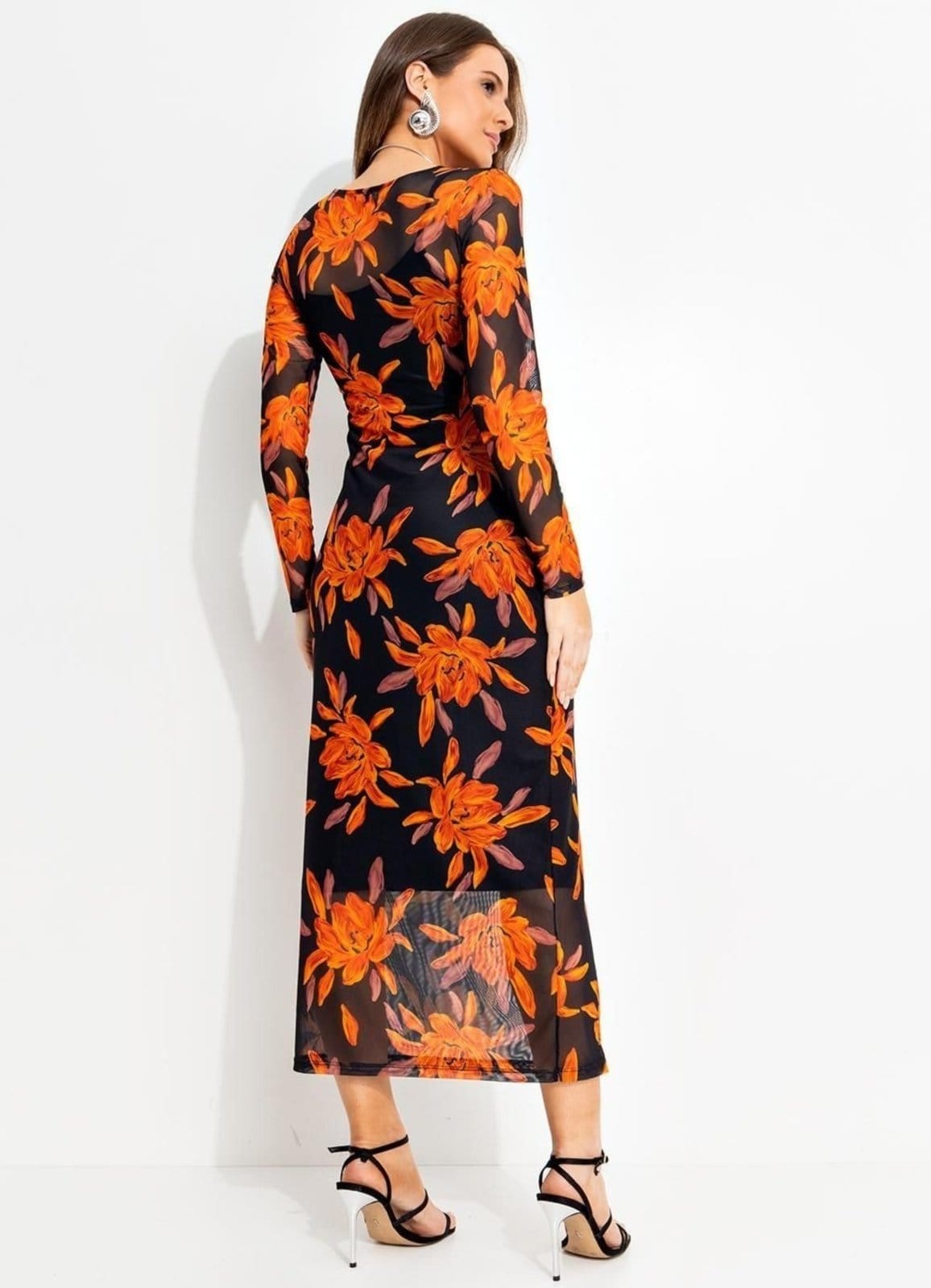 Vista 2 Vestido Feminino Floral Em Tule Quintess Laranja Quintess preto