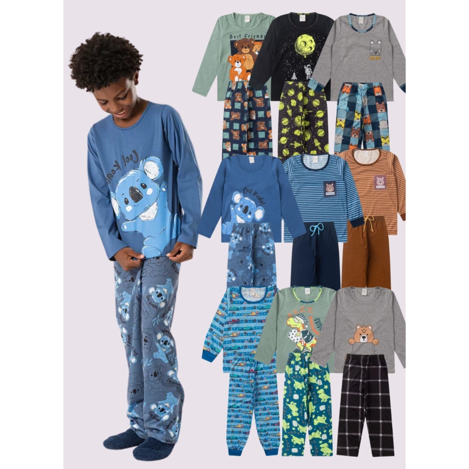 Vista 2 Kit Sortido Molekada 6 Peças de Pijamas Longo Infantis Menino Inverno Blusas + Calças Molekada multicolorido