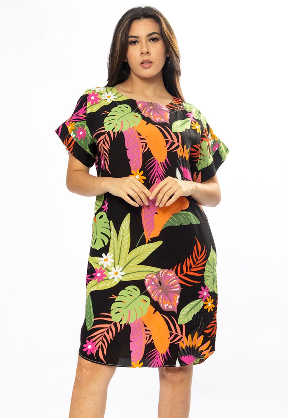 Vista principal Vestido Curto Cabanafree Viscose com Bolso Estampa Noite Botânica Cabanafree estampado/laranja/rosa/verde