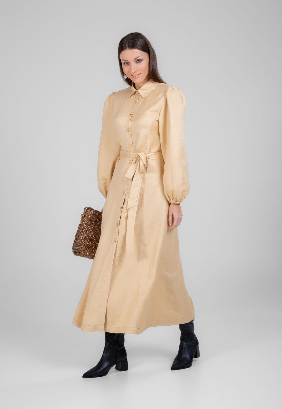 Vestido Chemise Traymon Manga Longa Caqui