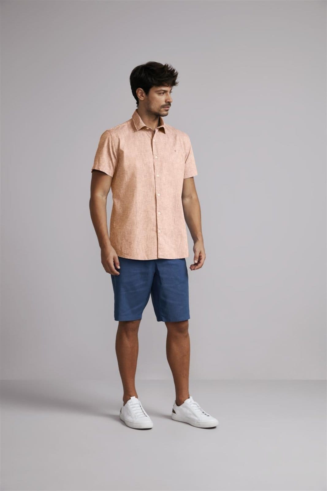 Vista 2 HIGHSTIL Camisa Manga Curta Lisa Linen Blend Slim Fit HIGHSTIL laranja