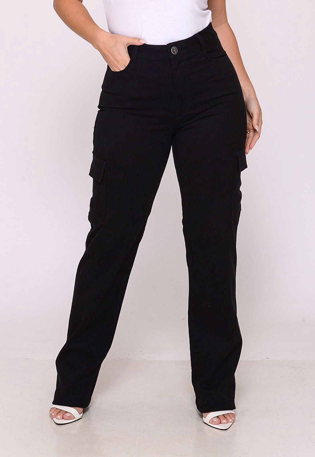 Calça Sarja Cargo Feminina Elastano Cintura Alta