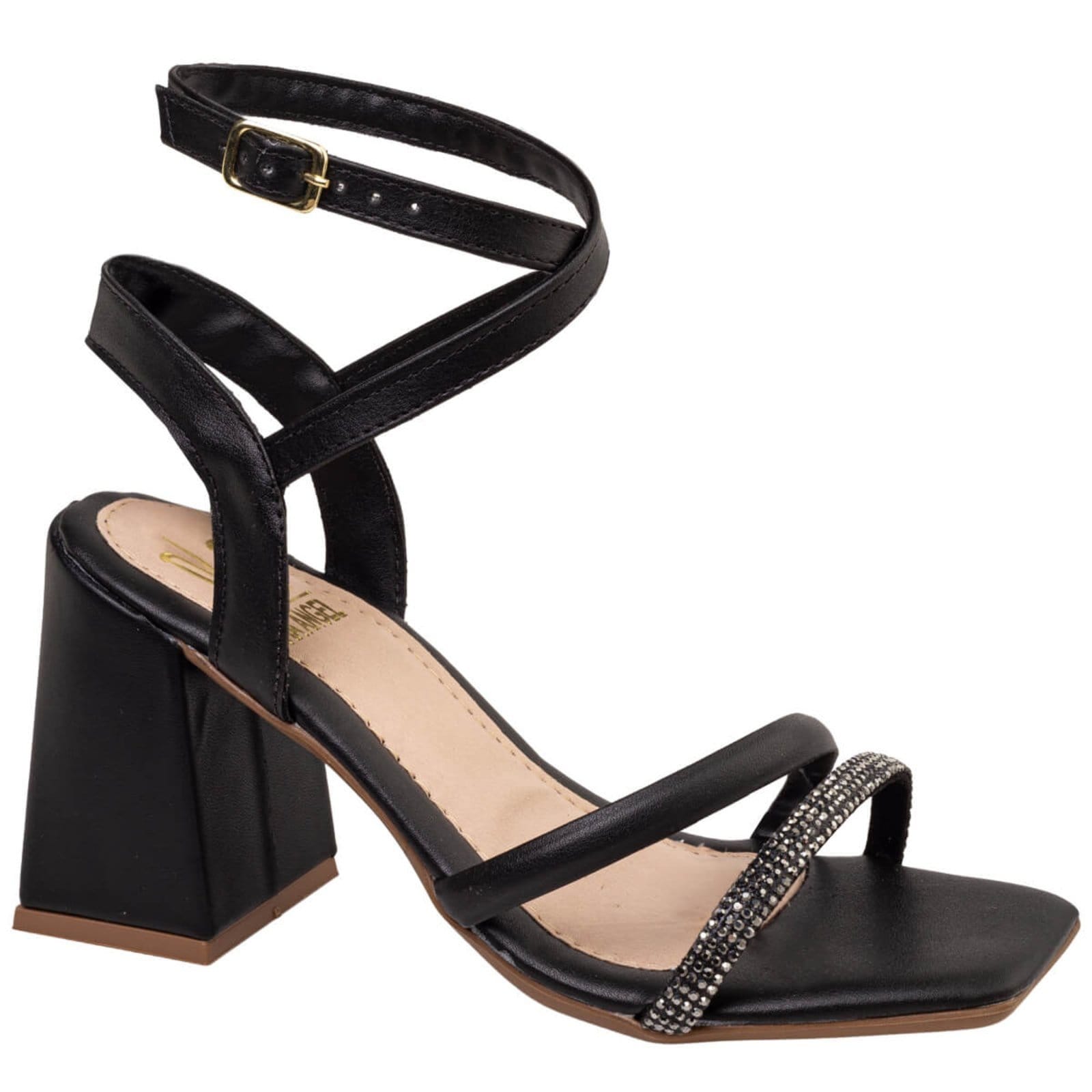 Sandalia Feminina Salto Alto Grosso Tira de Strass Confortavel Via Angel 7301