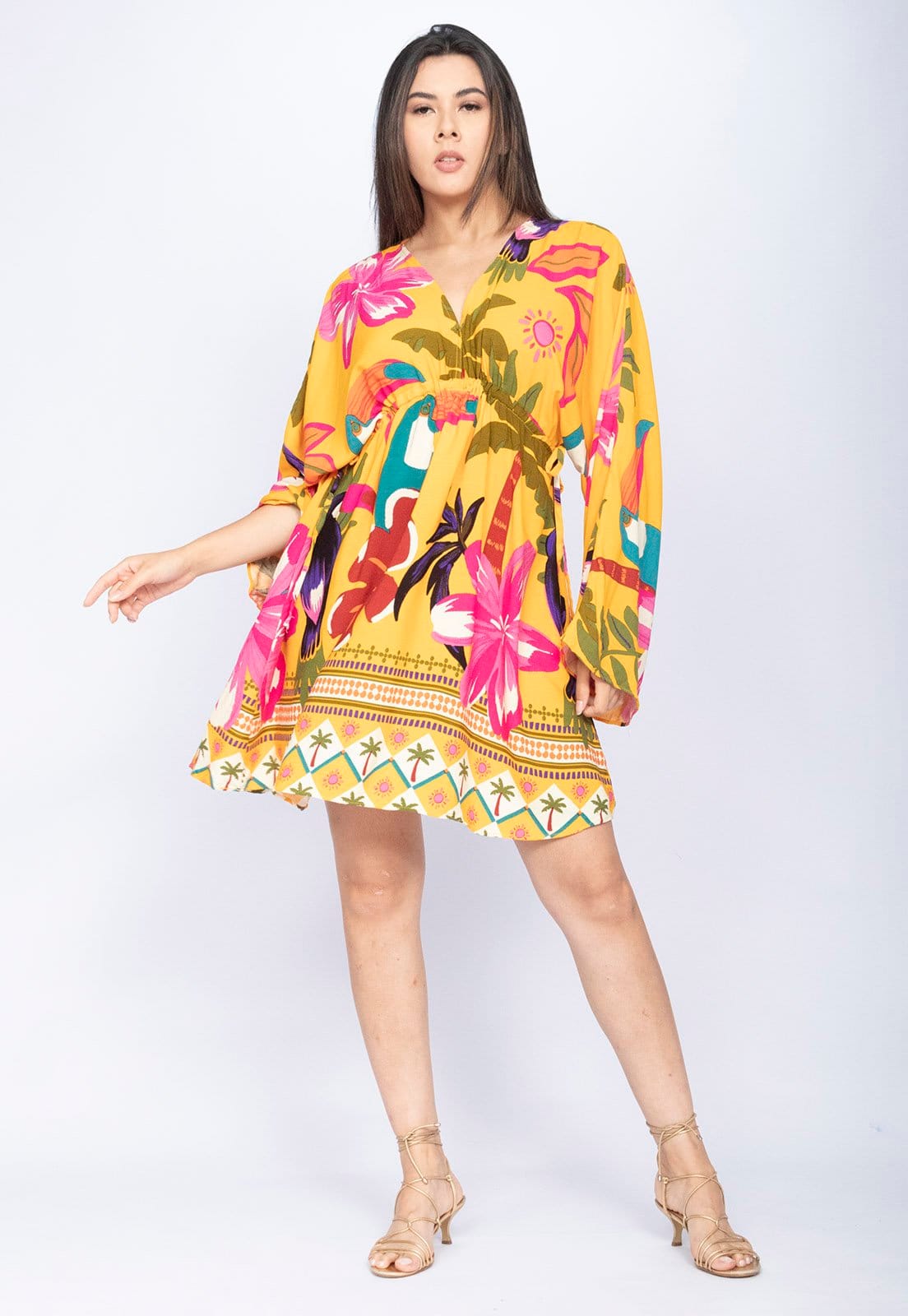 Vestido Amazônia Vital Curto Manga Ampla Estampa Tropis