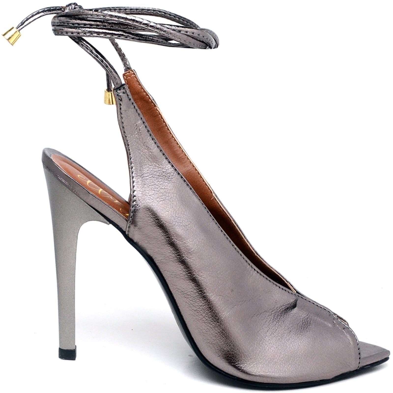 Vista 2 Sandália Salto Alto Bico Folha Metalic Prata Velho ZAFREM cinza