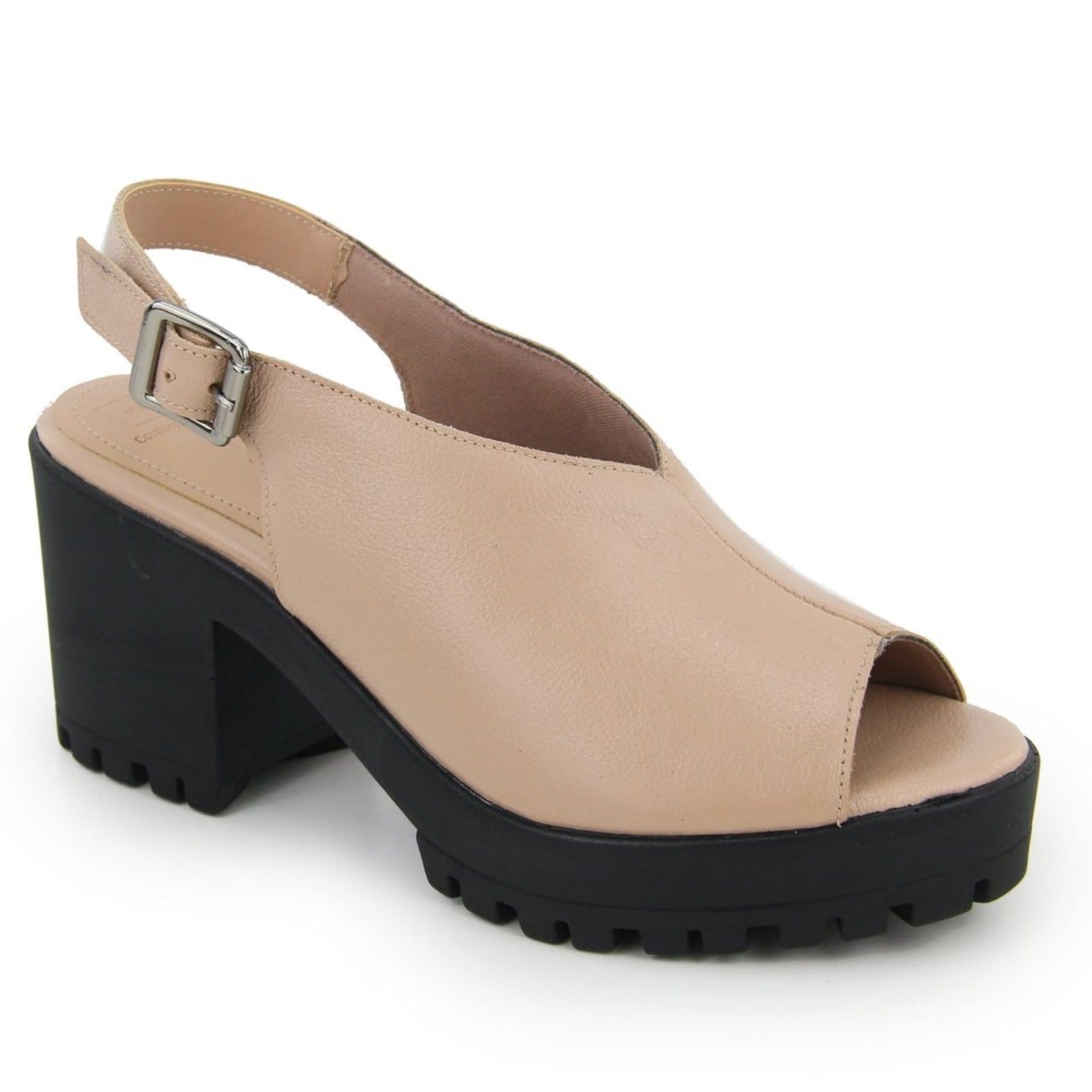 Vista 2 Sandália Salto Bloco Tratorada em Couro Fechamento em V Maria Paula MARIA PAULA nude