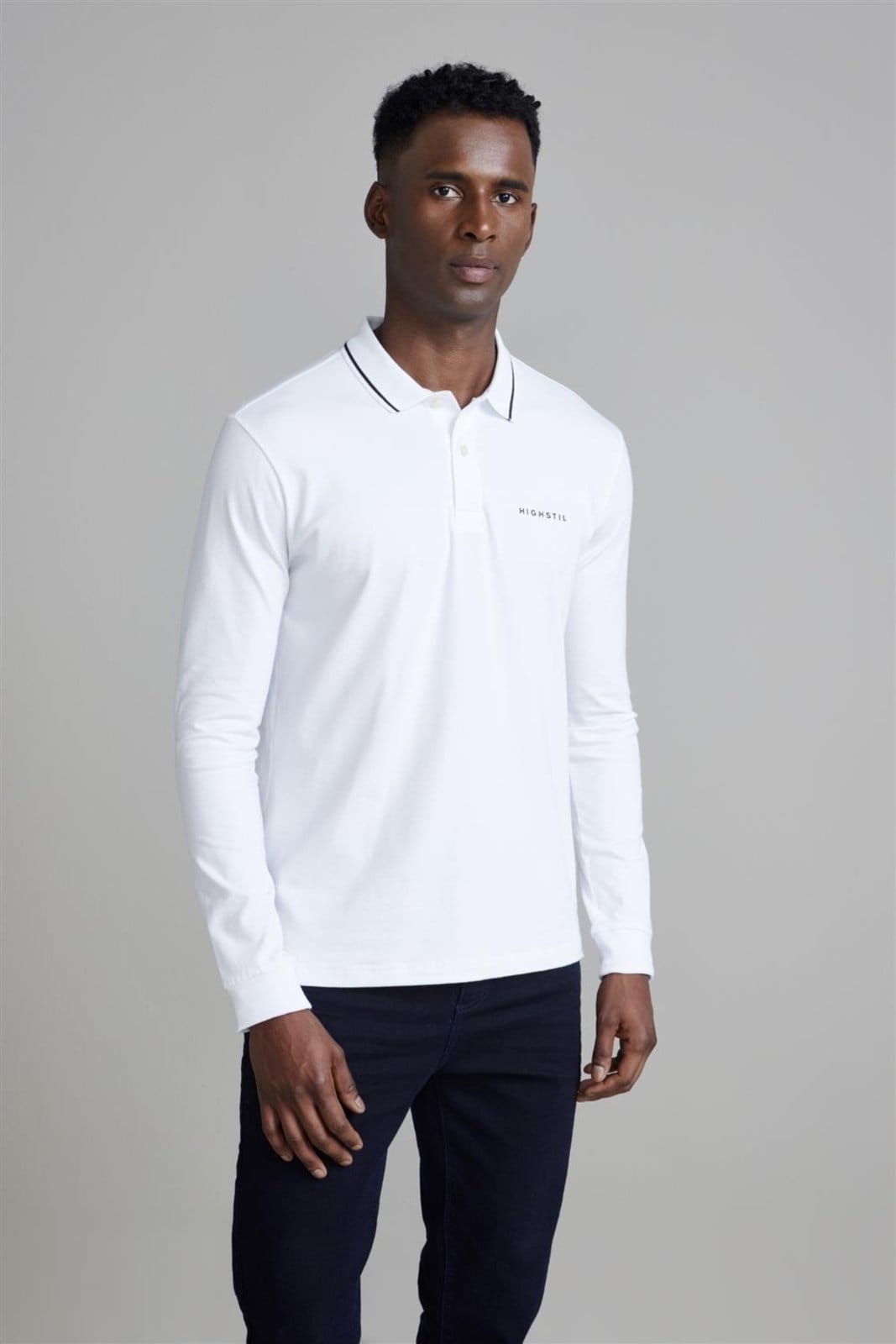 Vista principal HIGHSTIL Camisa Polo Manga Longa Malha Slim Fit HIGHSTIL branco