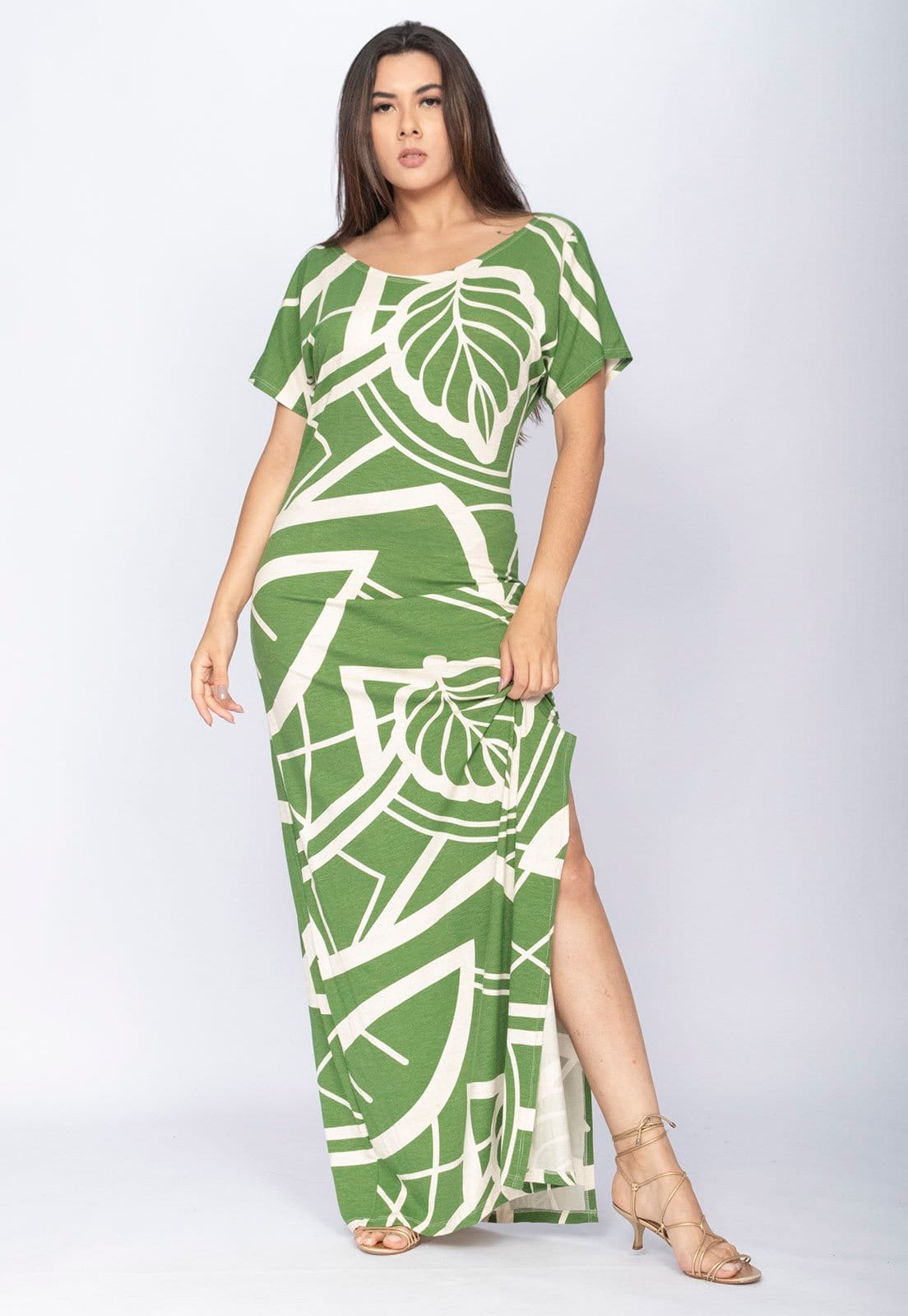 Vista principal Vestido CabanaFree Longo Malha Fenda na Lateral Estampa Lagoa Botânica Verde Cabanafree estampado/verde verde