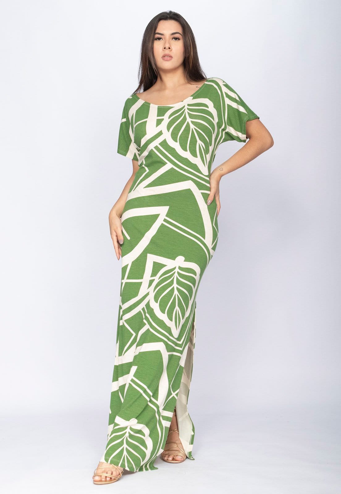 Vista 2 Vestido CabanaFree Longo Malha Fenda na Lateral Estampa Lagoa Botânica Verde Cabanafree estampado/verde verde