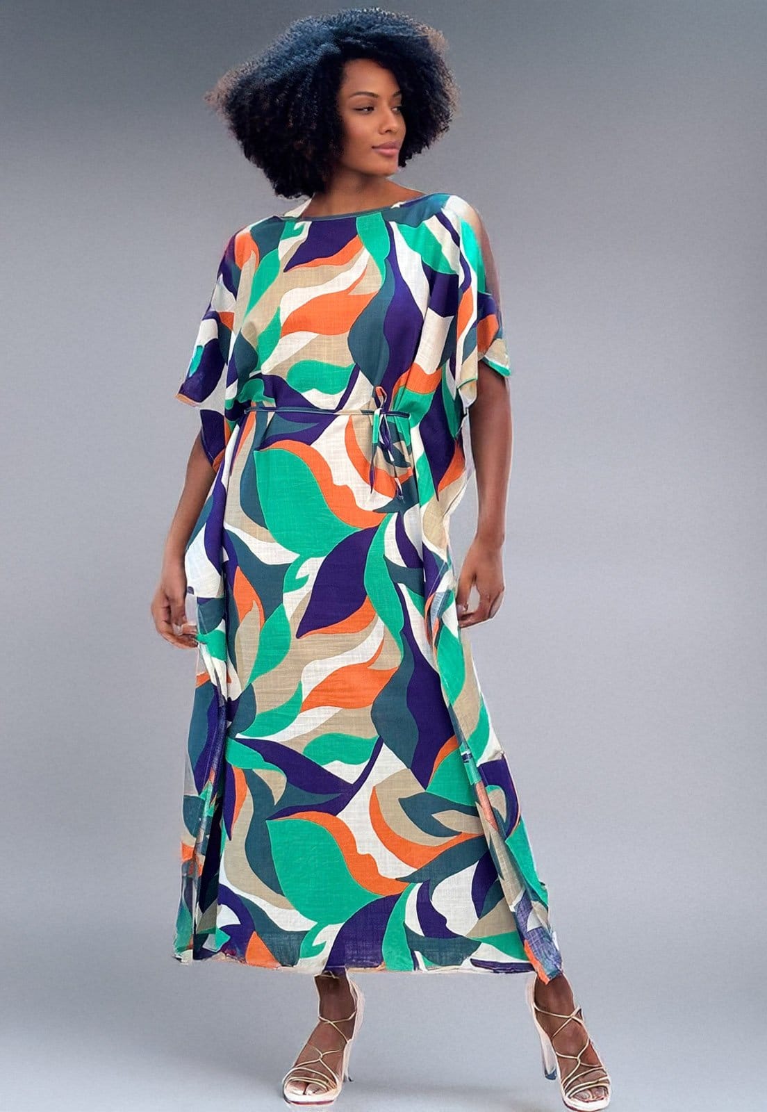 Vista 2 Vestido Amazonia Vital Kaftan Viscose Longo Estampa Brisa do Mar Amazonia Vital azul/estampado/laranja/verde