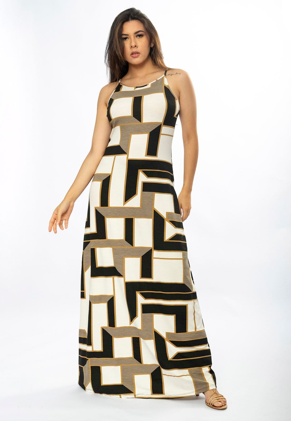 Vista 2 Vestido Longo Cabanafree Malha Trapézio Igaci Cabanafree estampado/marrom/off-white
