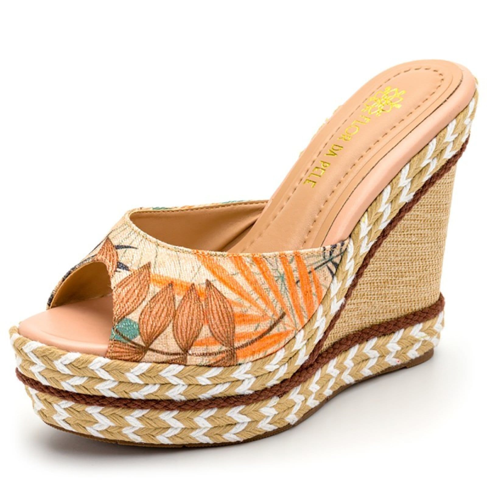 Vista 2 Sandalia Tamanco Feminino Anabela com Sisal Tecido Caramelo Lançamento Sete Sales floral