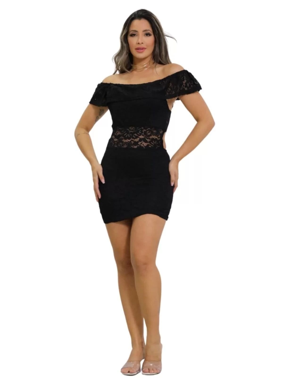 Vista 2 Vestido De Renda Summer Body Manga Cigana Curto Summer Body preto