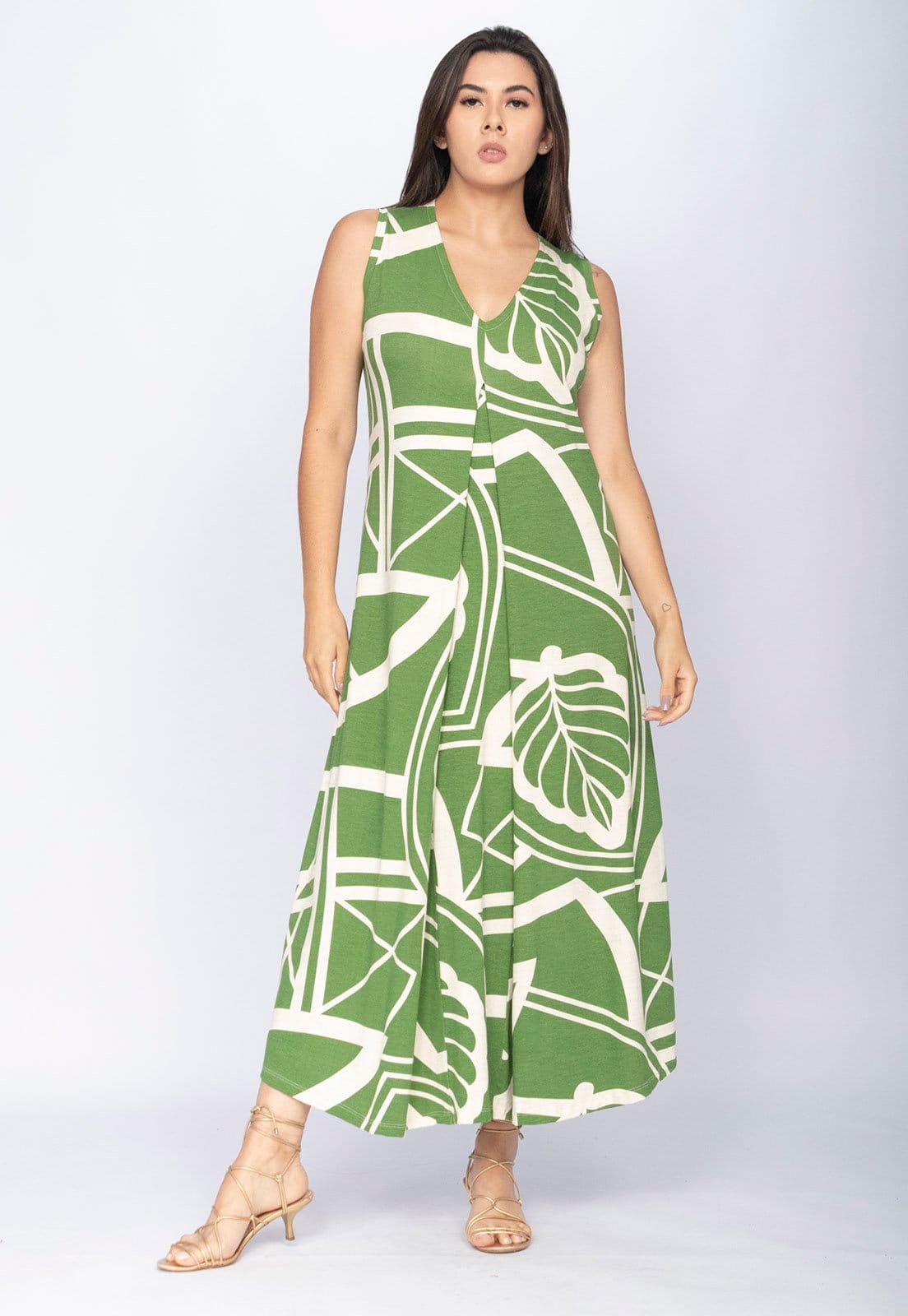 Vista principal Vestido CabanaFree Longo Acará Malha Estampa Lagoa Botânica Verde Cabanafree estampado/verde verde