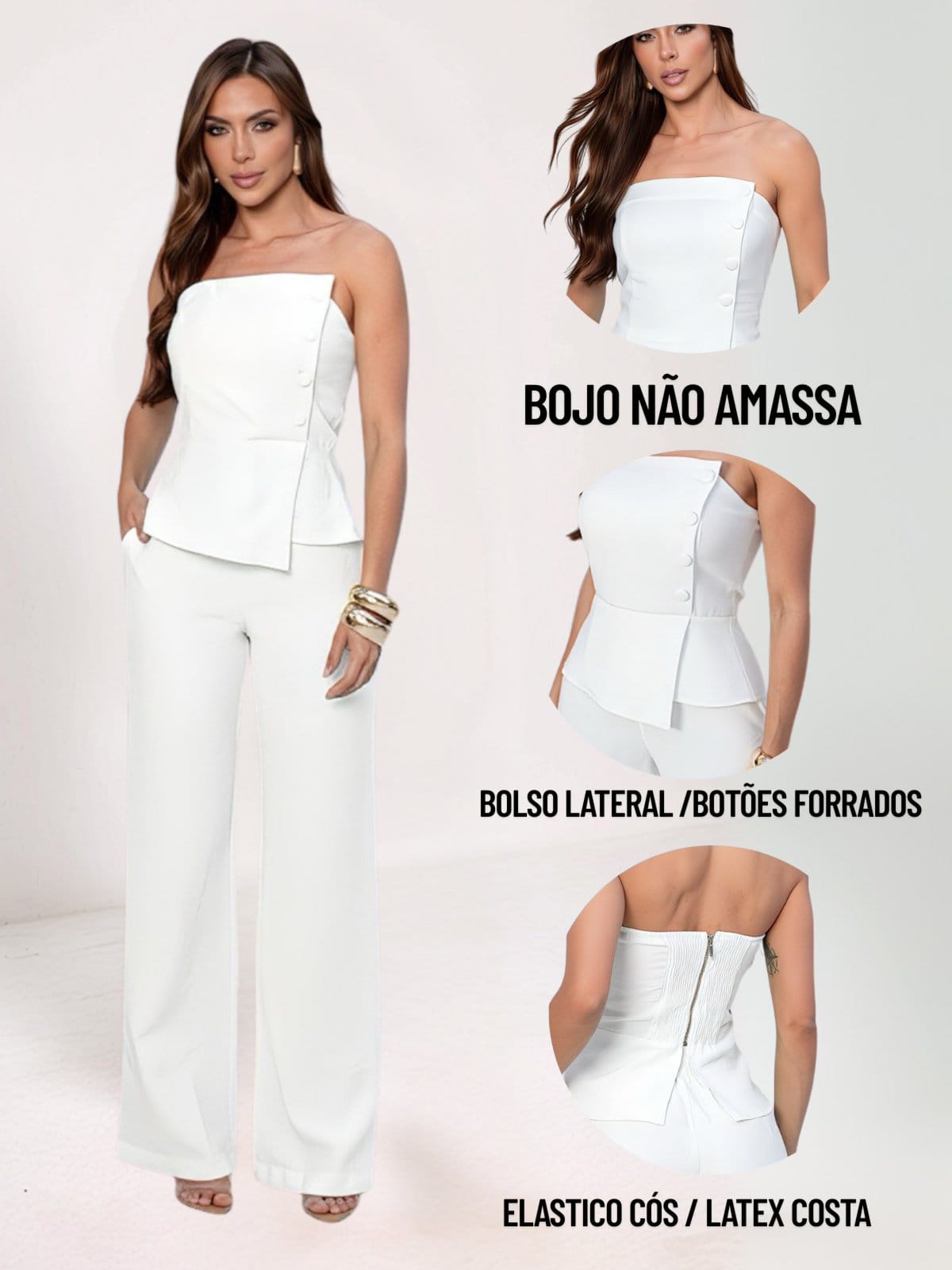 Vista 2 Conjunto Feminino Longo Tropical Fashion Blusa Tomara que Caia e Calça Pantalona TROPICAL FASHION branco