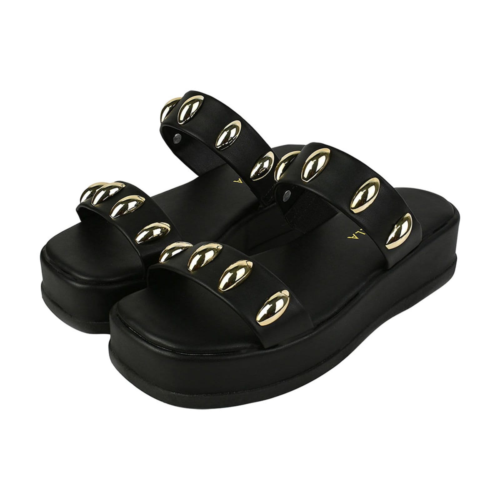 Sandália Feminina Donatella Shoes Flatform Tamanco Plataforma Com Aplicação Dourada Duas Tiras Casual