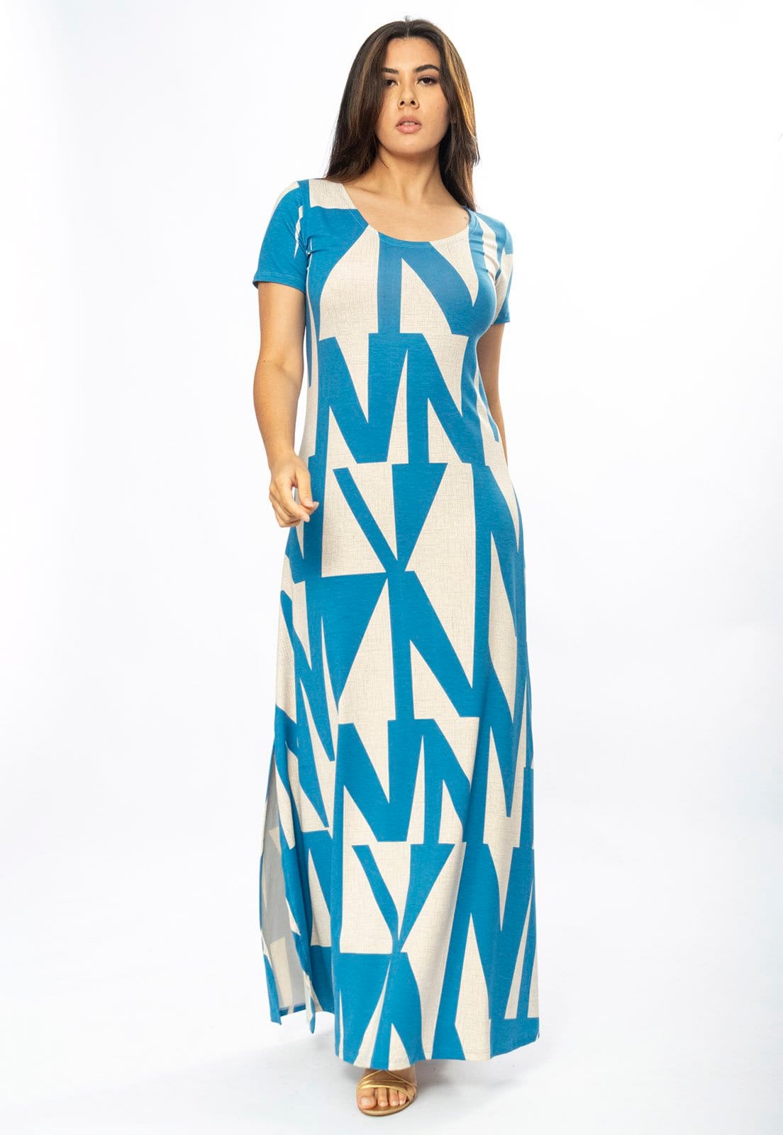 Vista principal Vestido Longo Amazônia Vital Malha Gola Canoa Manga Curta Estampa Geometric Blue Amazonia Vital bege blue