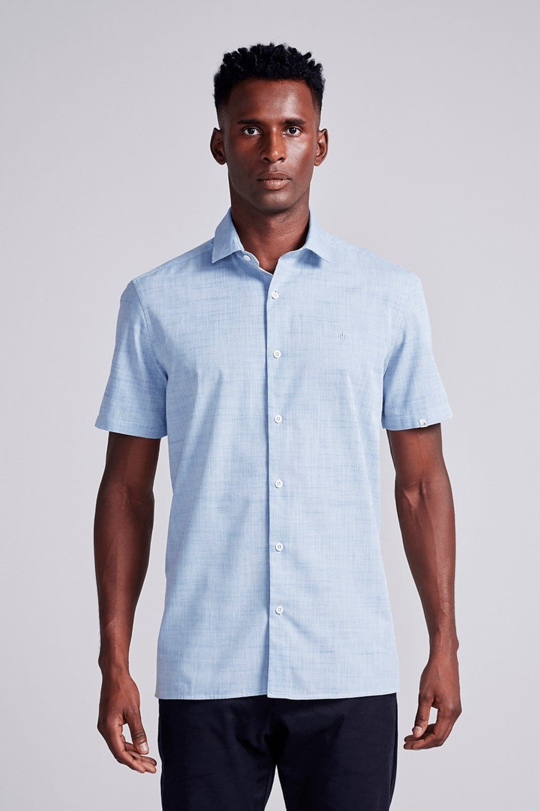 HIGHSTIL Camisa Manga Curta Lisa Slub Slim Fit Claro