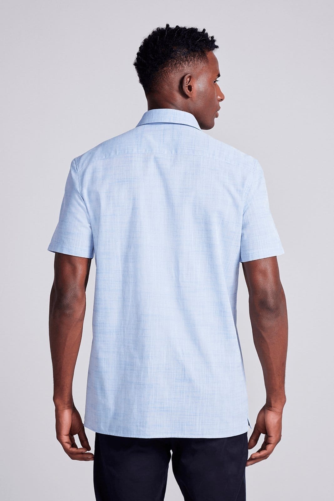 Vista 2 HIGHSTIL Camisa Manga Curta Lisa Slub Slim Fit Claro HIGHSTIL azul