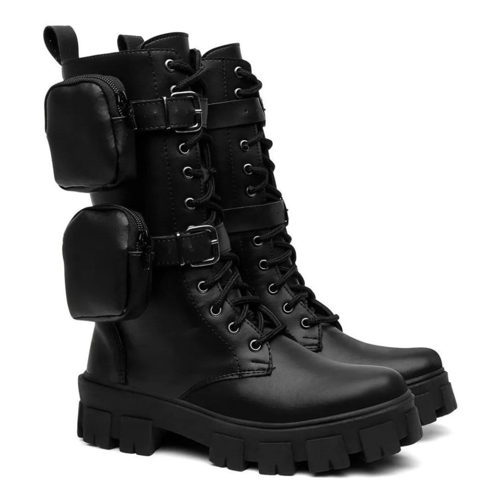 Vista 2 Coturno Feminino Tratorado Anna Andrade Cano Alto Casual Militar Bag Tendência Anna Andrade preto