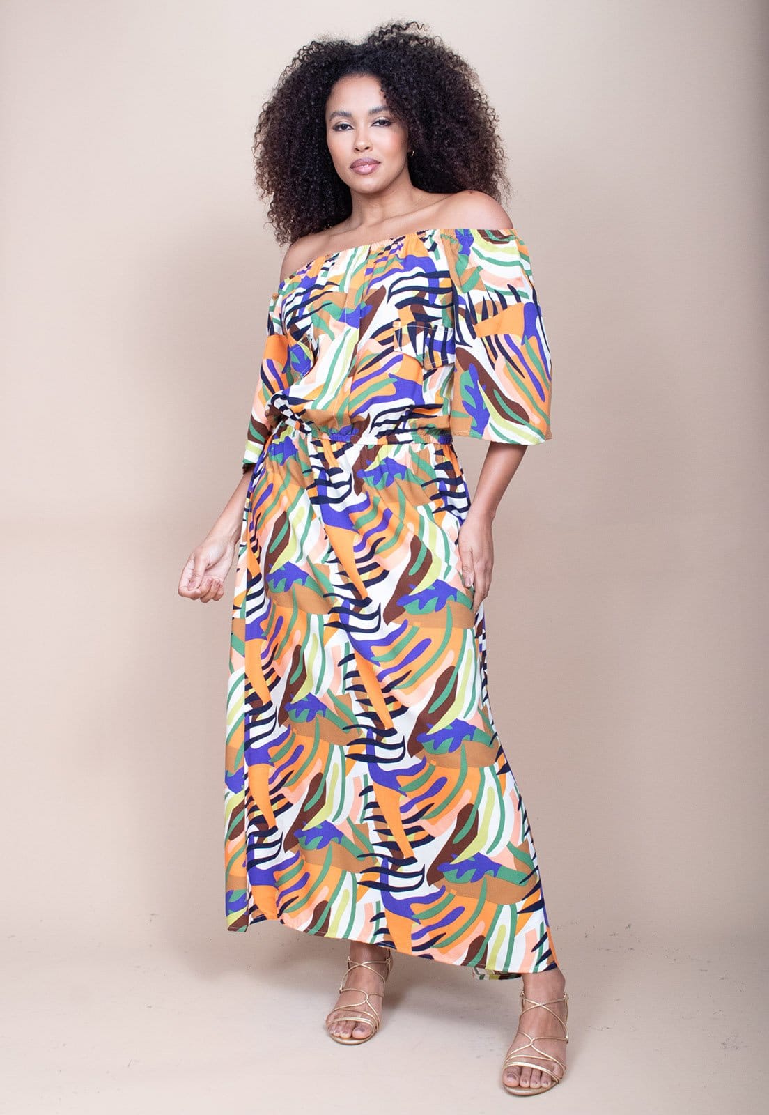 Vista principal Vestido Midi Cabanafree Ciganinha Viscose com Lapela Estampa Cores Vibrante Cabanafree azul/estampado/laranja