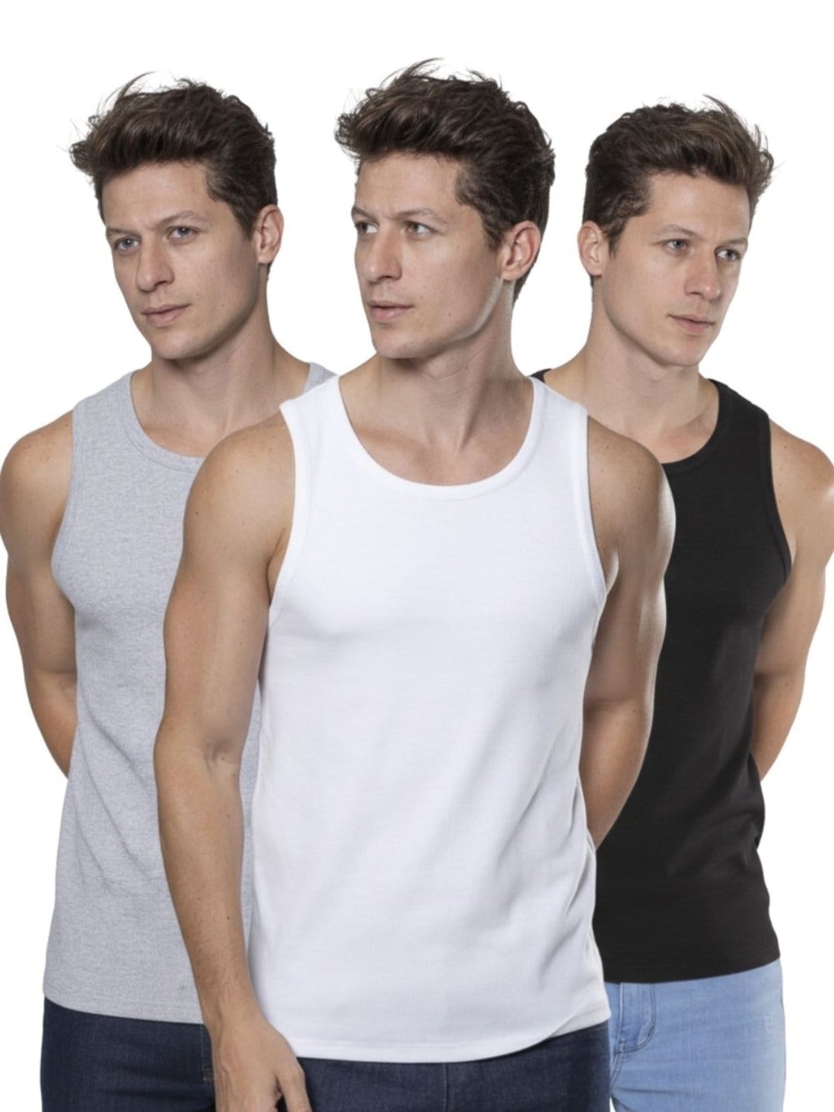 Vista 2 kit 3 Regatas Masculina Caneladas Básicas em Ribana Preta, Branca e Cinza Crocker - 50737 Crocker multicolorido