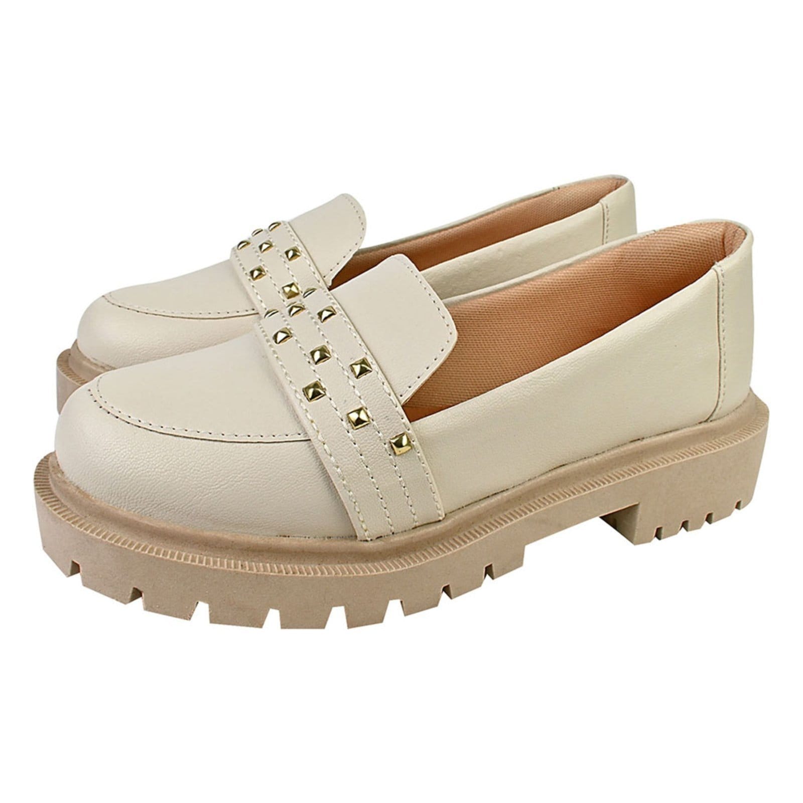 Sapato Feminino Mocassim Tratorado Donatella Shoes Bico Redondo Confort Tacha Spike Off White